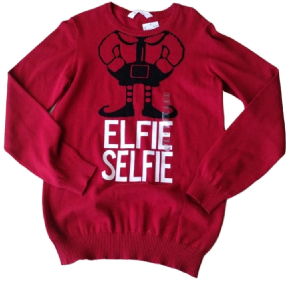 H&M Sweater Girls 12-14Y Red White Black Christmas Elfie Selfie Elf Crew Neck
